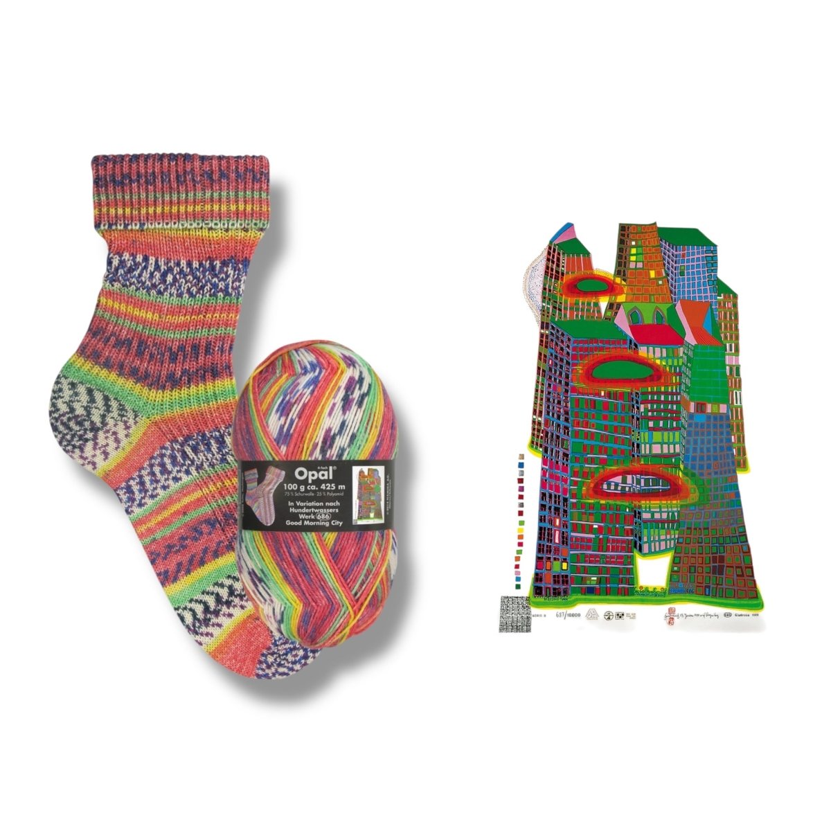 Opal SOCKENWOLLE NACH HUNDERTWASSER - BONIFAKTUR - 2102 Good Morning City - in Variation nach Hundertwasser - Werk 686 - Opal SOCKENWOLLE NACH HUNDERTWASSER
