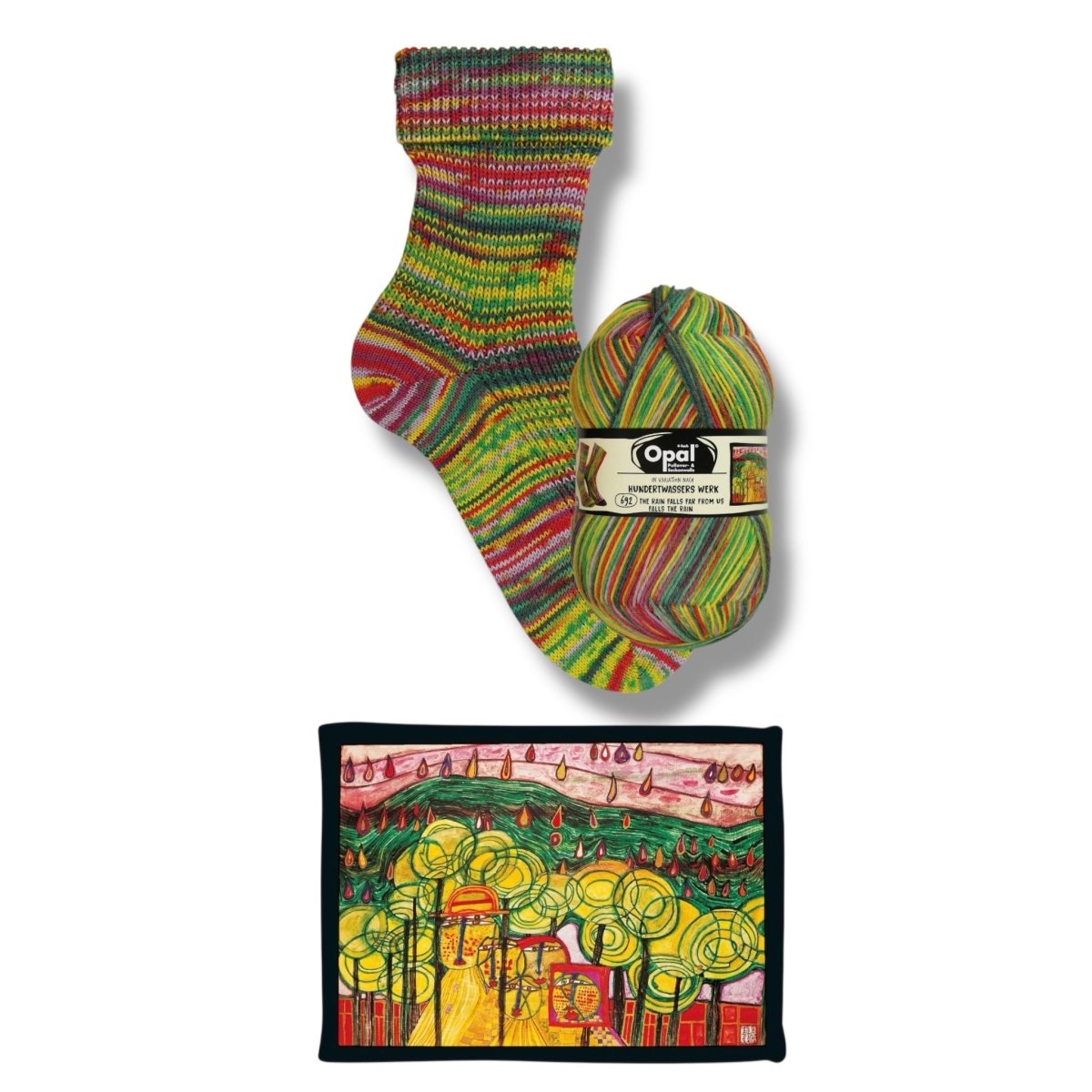Opal SOCKENWOLLE NACH HUNDERTWASSER - BONIFAKTUR - 4056 The rain falls far from us falls the rain - in Variation nach Hundertwasser - Werk 692 - Opal SOCKENWOLLE NACH HUNDERTWASSER